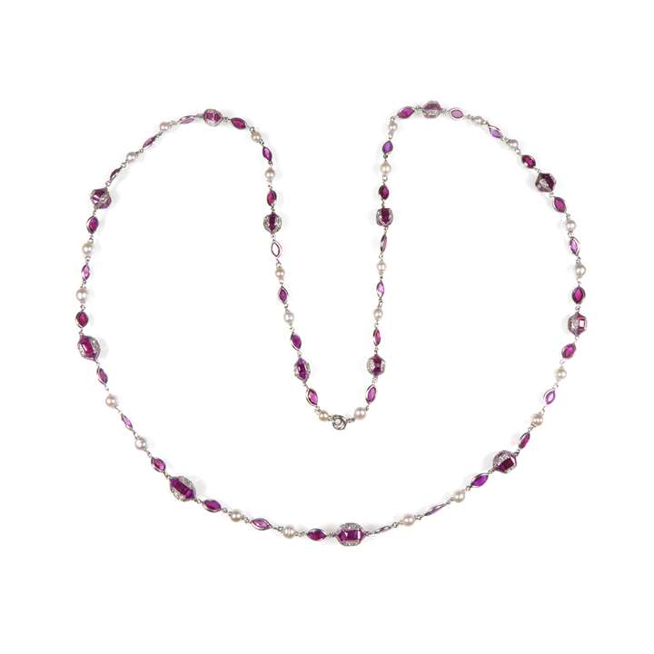 Antique ruby, pearl and diamond chain necklace